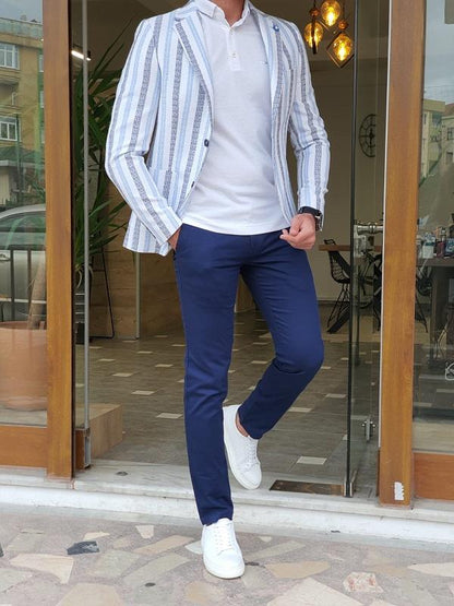 Larna Blue Slim Fit Striped Cotton Blazer – BRABION