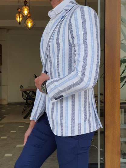 Larna Blue Slim Fit Striped Cotton Blazer