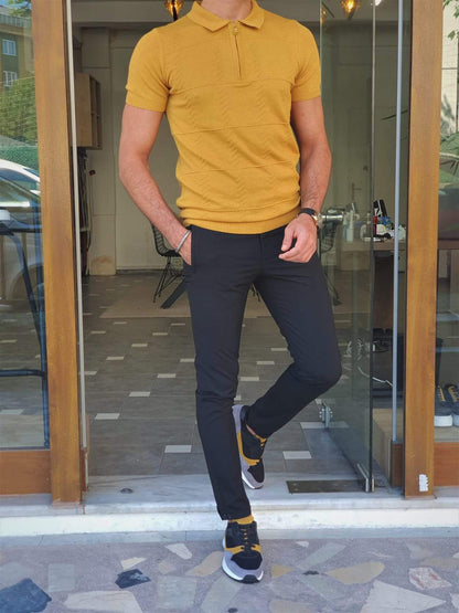 Bano Mustard Slim Fit Zipper Polo T-Shirt