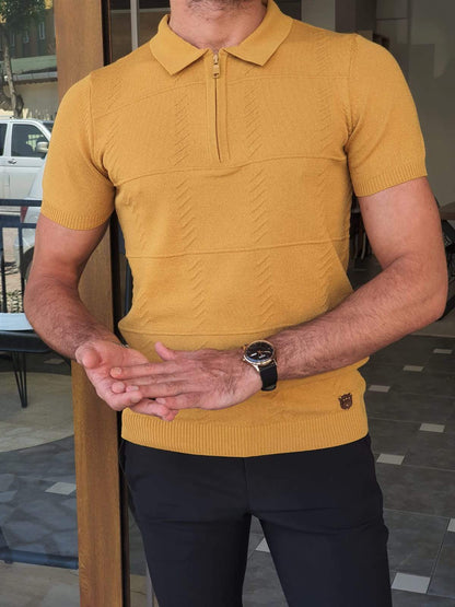 Bano Mustard Slim Fit Zipper Polo T-Shirt
