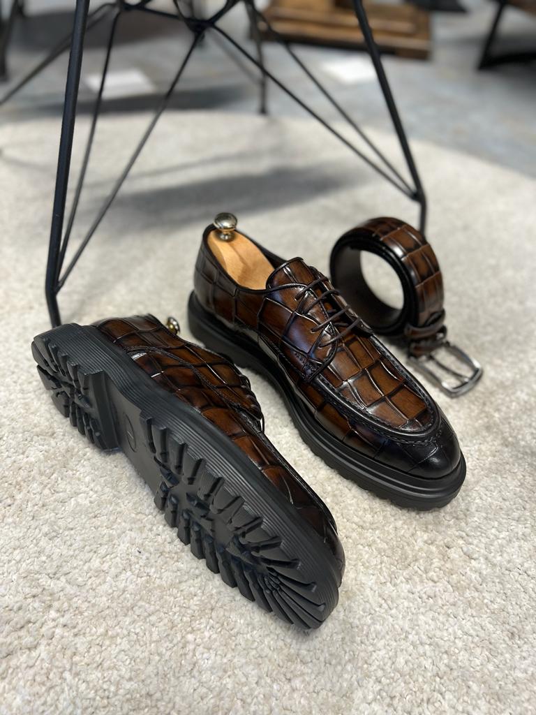 Empire Brown Crocodile Pattern Derby Shoes