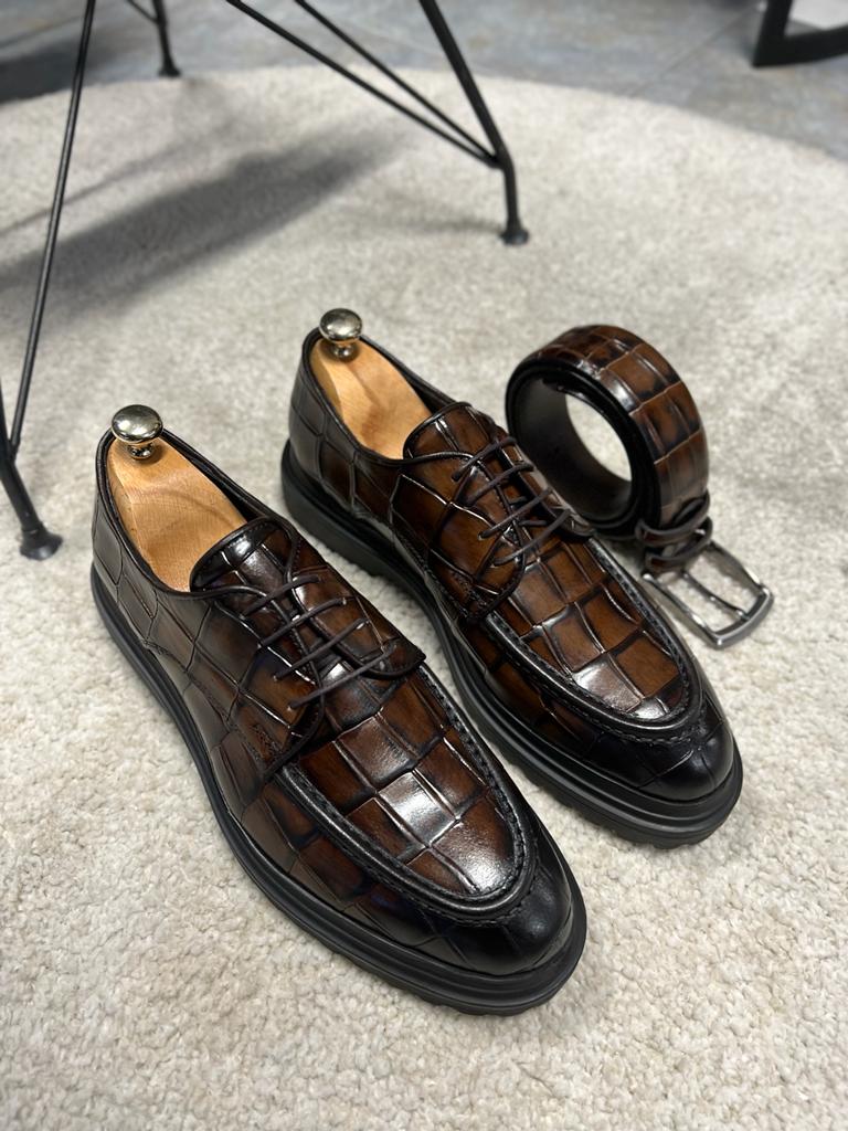 Empire Brown Crocodile Pattern Derby Shoes