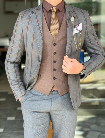 Kent Gray Slim Fit Notch Lapel Striped Suit