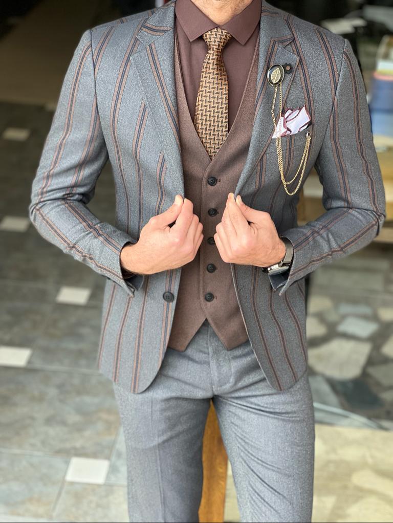 Kent Gray Slim Fit Notch Lapel Striped Suit
