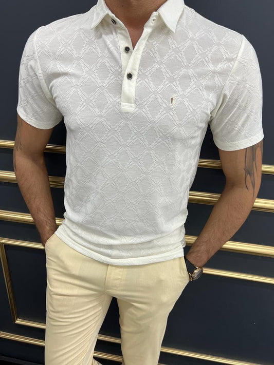Enzo White Slim Fit Patterned Polo T-Shirt