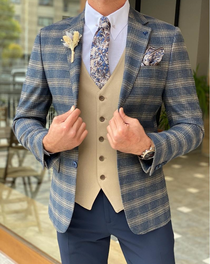 Aldo Blue Slim Fit Plaid Check Wool Suit