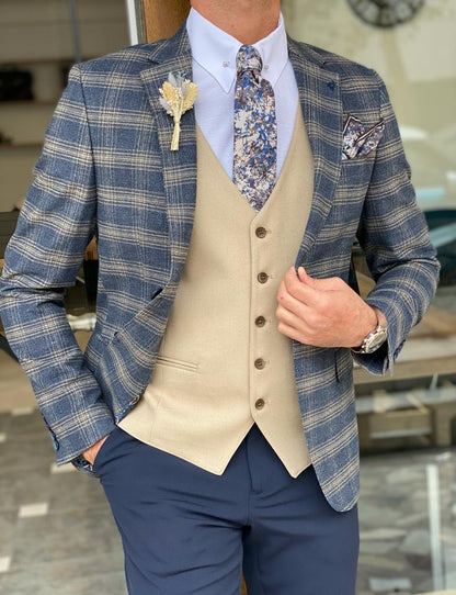 Aldo Blue Slim Fit Plaid Check Wool Suit
