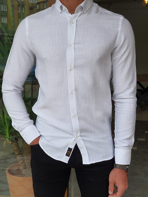 Mantova White Slim Fit Long Sleeve Striped Cotton Shirt – BRABION