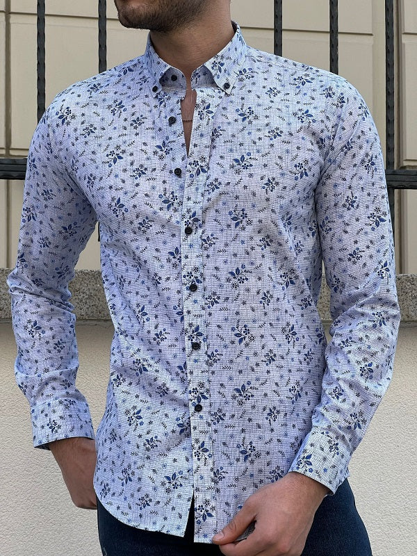 Brabion Tampa Blue Slim Fit Long Sleeve Floral Shirt