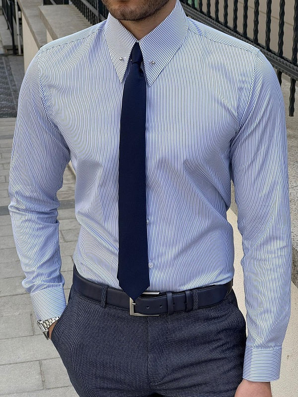 Berton Blue Slim Fit Long Sleeve Pinstripe Dress Shirt