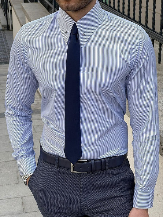 Brabion Berton Blue Slim Fit Long Sleeve Pinstripe Dress Shirt