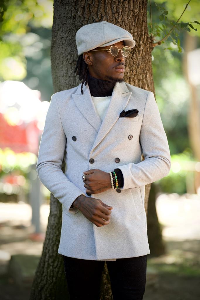 Caesar Slim Fit Double Breasted Grey Wool Cachet Coat