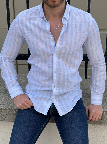Tampa White Blue Slim Fit Striped Cotton Shirt