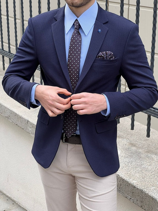 Hazel Navy Blue Slim Fit Notch Lapel Blazer