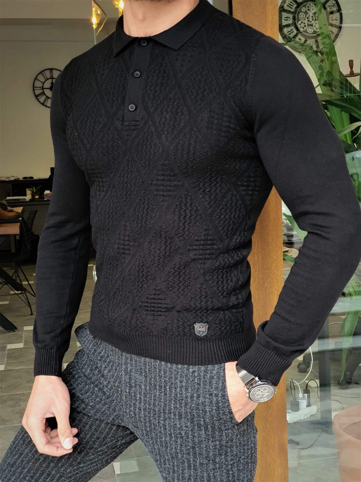 Elko Black Slim Fit Collar Sweater