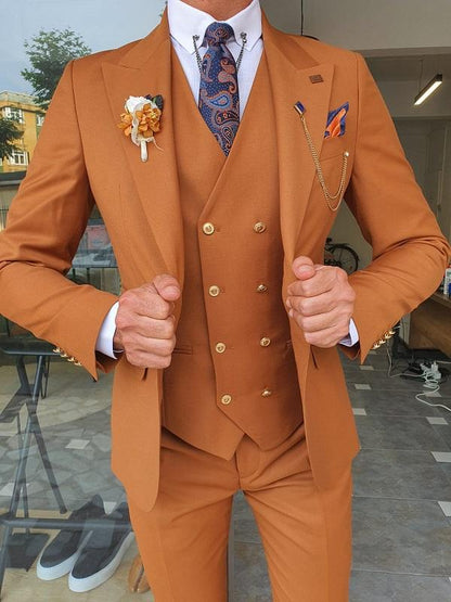 Boston Tile Brown Slim Fit Peak Lapel Wool Suit