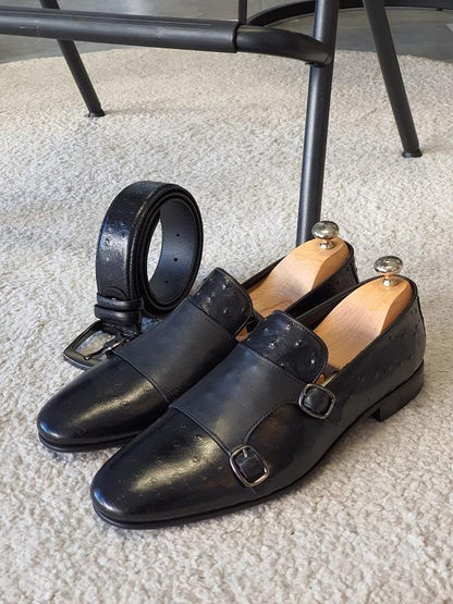 Julami Black Double Monk Strap Shoes