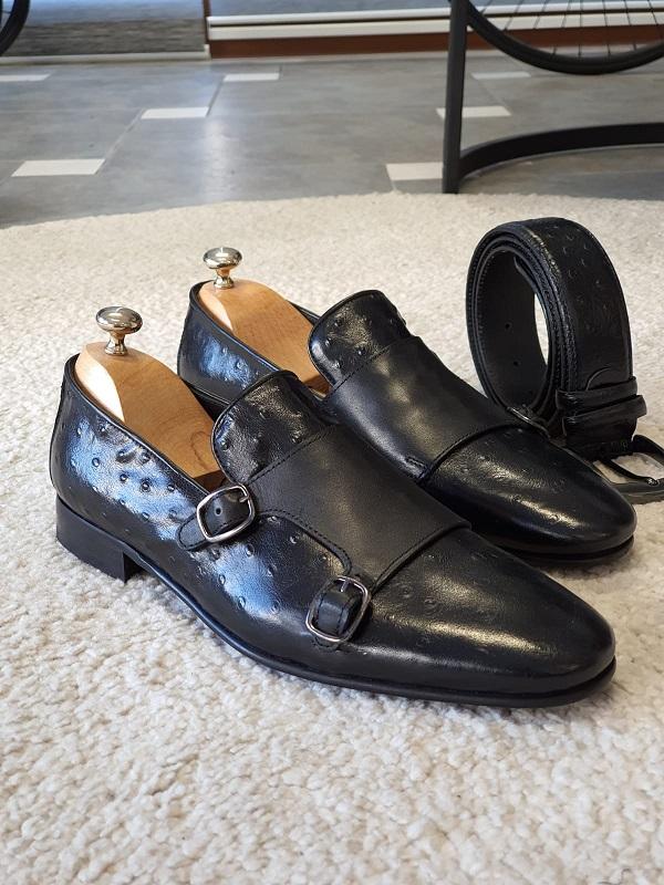 Julami Black Double Monk Strap Shoes