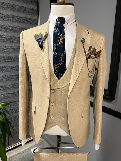 David Beige Slim Fit Peak Lapel Suit