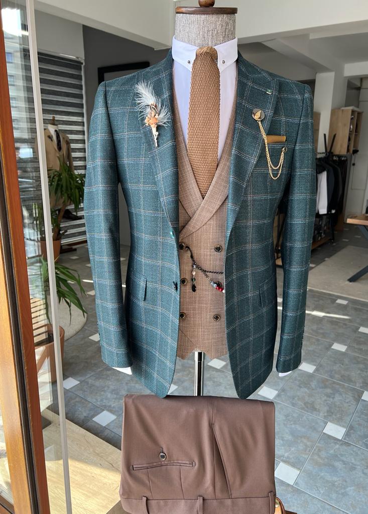 David Green Slim Fit Peak Lapel Plaid Suit