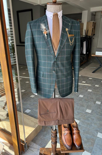 David Green Slim Fit Peak Lapel Plaid Suit
