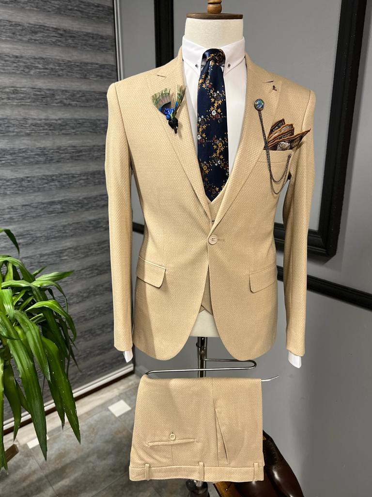 David Beige Slim Fit Peak Lapel Suit