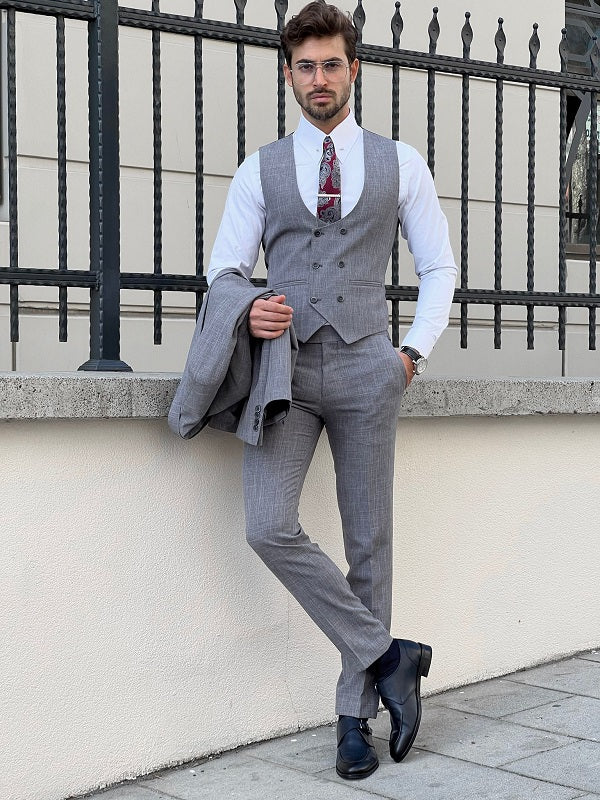 Napoli Gray Slim Fit Peak Lapel Crosshatch Suit