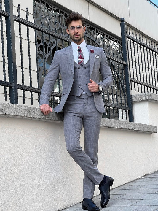 Napoli Gray Slim Fit Peak Lapel Crosshatch Suit