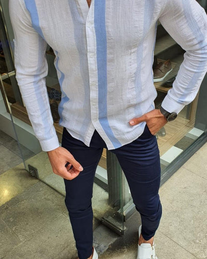 Kenosha Blue Slim Fit Striped Cotton Shirt