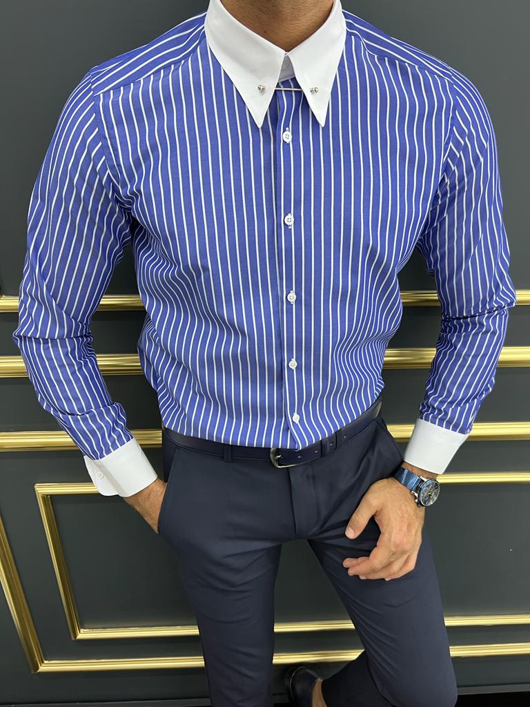 Brabion Berton Blue Slim Fit Striped Cotton Shirt