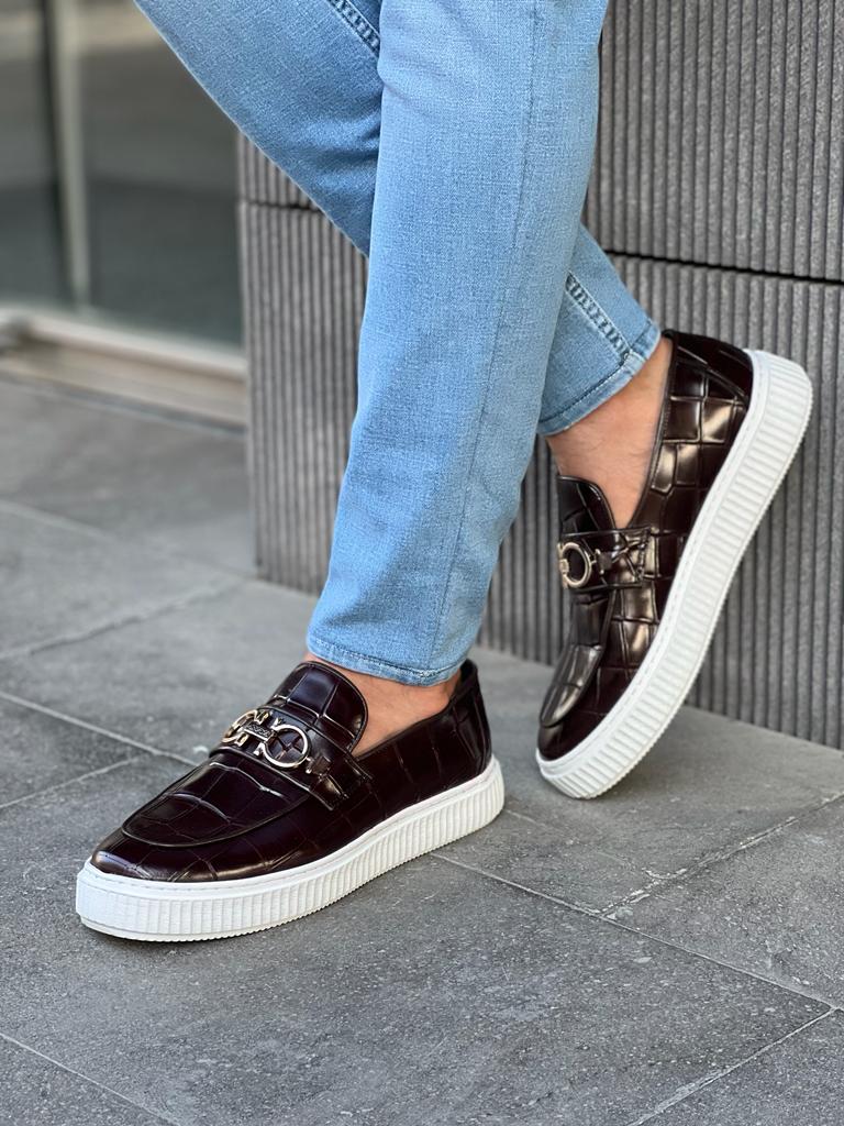 Lawson Burgundy Crocodile Pattern Bit Loafers