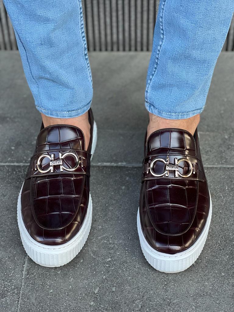 Lawson Burgundy Crocodile Pattern Bit Loafers