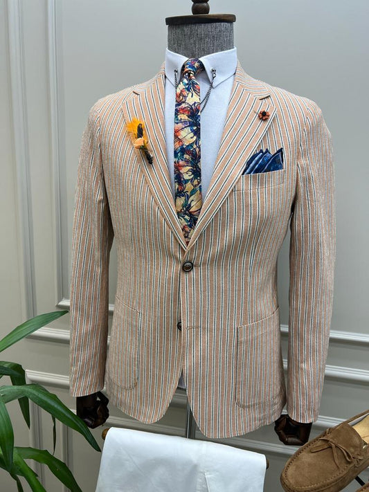 Lawton Camel Slim Fit Striped Cotton Blazer