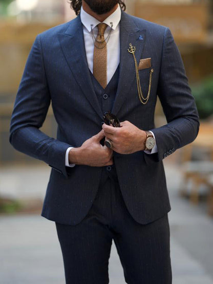 Evo Dark Blue Slim Fit Peak Lapel Pinstripe Suit – BRABION
