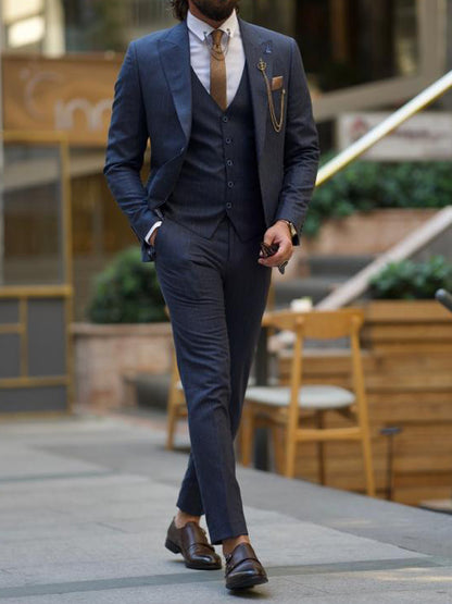 Evo Dark Blue Slim Fit Peak Lapel Pinstripe Suit – BRABION