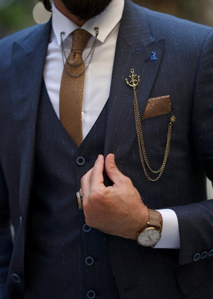Evo Dark Blue Slim Fit Peak Lapel Pinstripe Suit