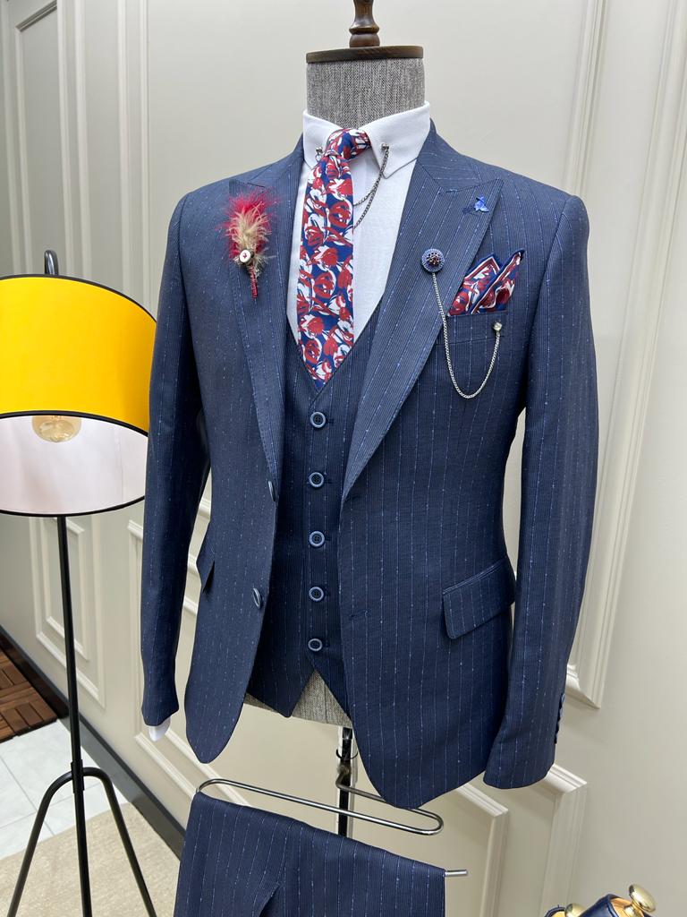 Evo Navy Blue Slim Fit Peak Lapel Pinstripe Suit