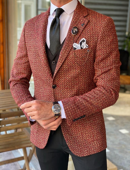 Aldo Brown Slim Fit Patterned Wool Suit