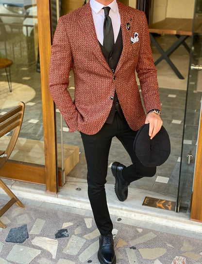 Aldo Brown Slim Fit Patterned Wool Suit