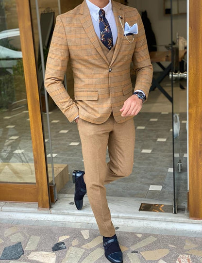 Aldo Camel Slim Fit Plaid Check Suit
