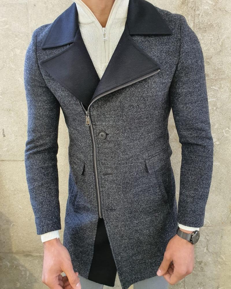 Calvin  Anthracite Slim Fit Zipper Wool Coat