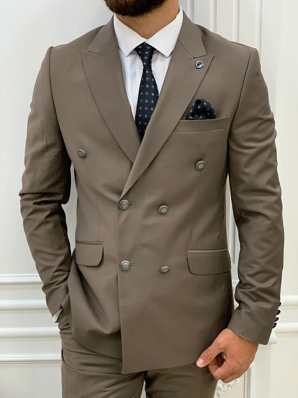 Zar Brown Slim Fit Peak Lapel Double Breasted Suit BRABION