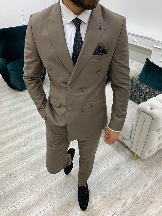 Zar Brown Slim Fit Peak Lapel Double Breasted Suit