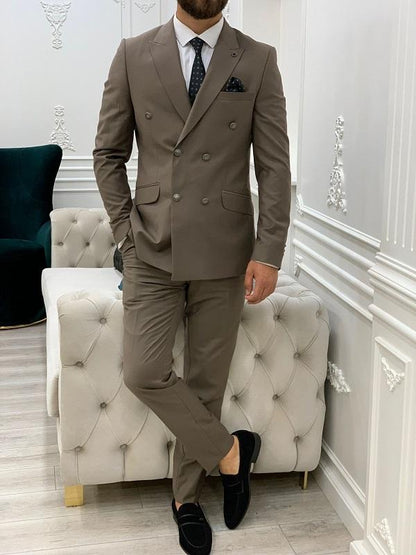 Zar Brown Slim Fit Peak Lapel Double Breasted Suit