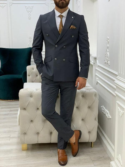 Zar Gray Slim Fit Peak Lapel Double Breasted Suit