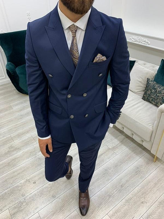 Zar Navy Blue Slim Fit Peak Lapel Double Breasted Suit