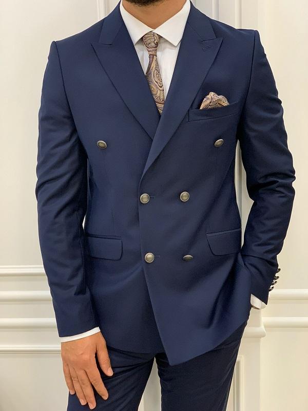 Zar Navy Blue Slim Fit Peak Lapel Double Breasted Suit