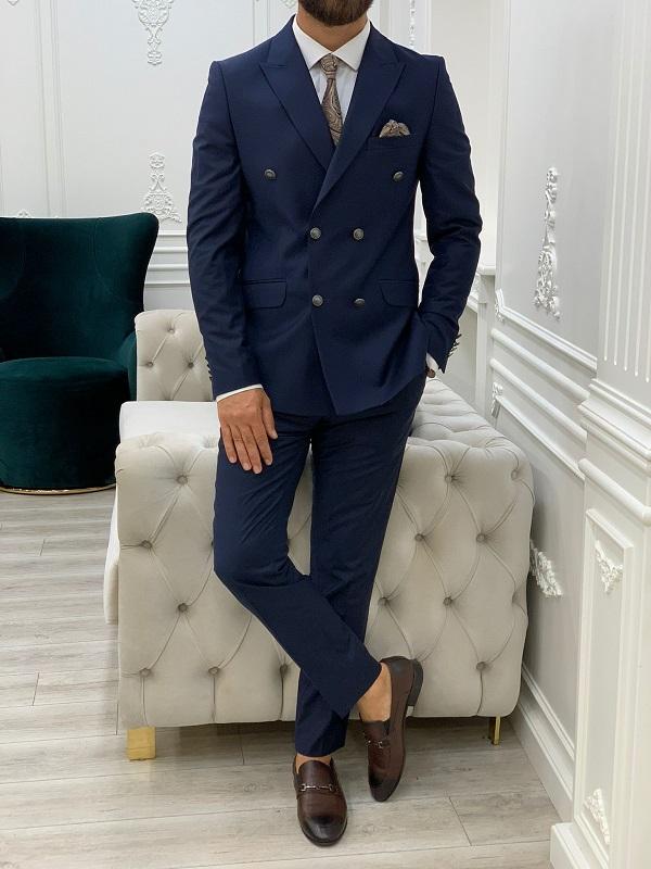 Zar Navy Blue Slim Fit Peak Lapel Double Breasted Suit