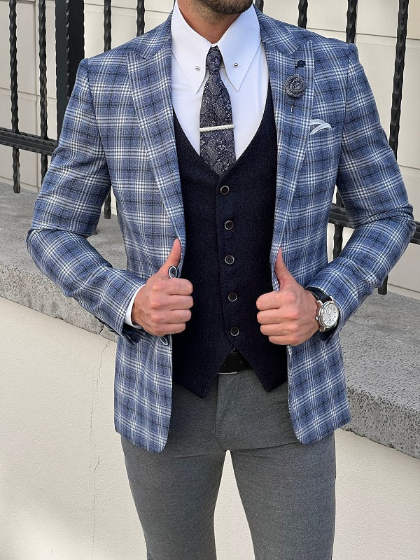 Napoli Navy Blue Slim Fit Peak Lapel Plaid Suit