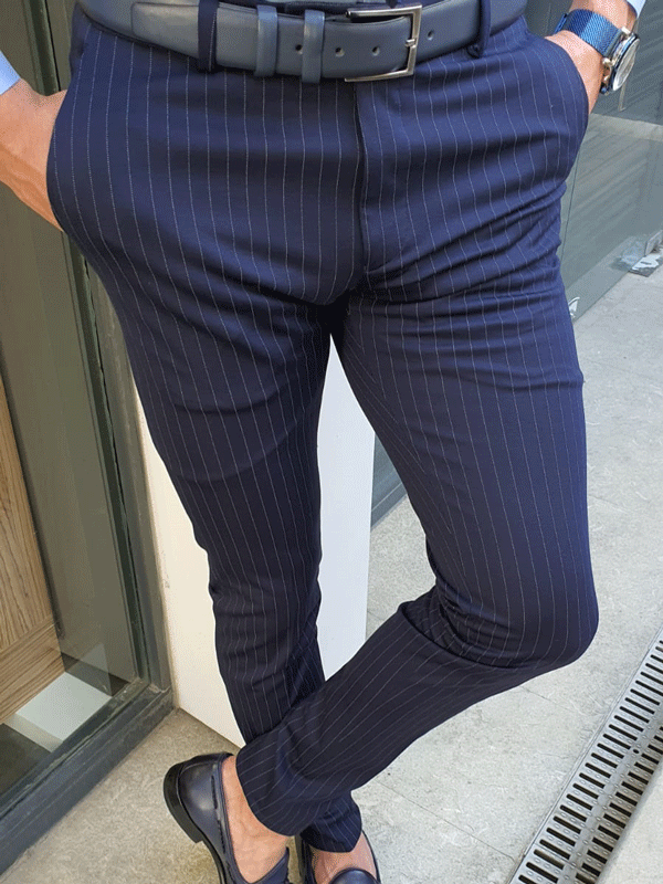Oakland Navy Blue Slim Fit Pinstripe Pants